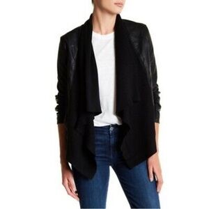 Blank NYC Drape Open Front Waterfall Black Faux Leather Knit Moto Jacket *EUC*